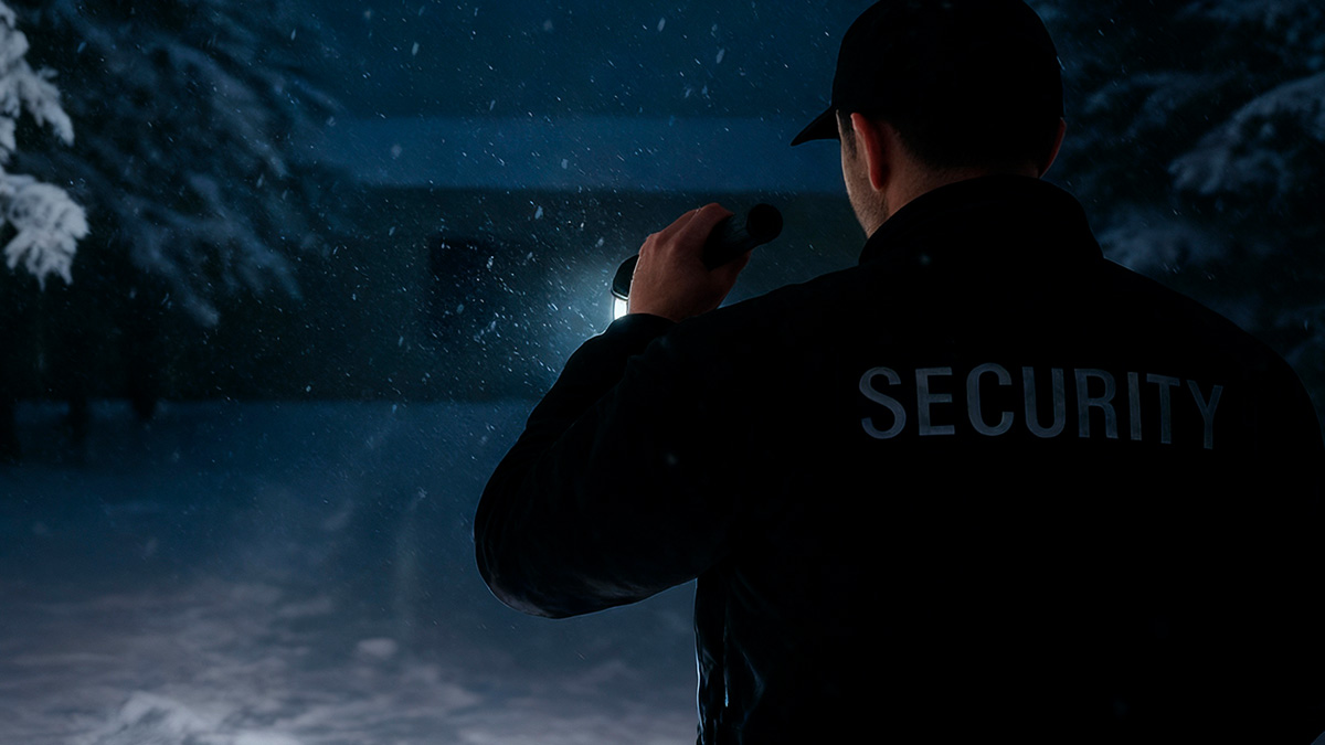 Security guard patrolling an industrial warehouse in winter